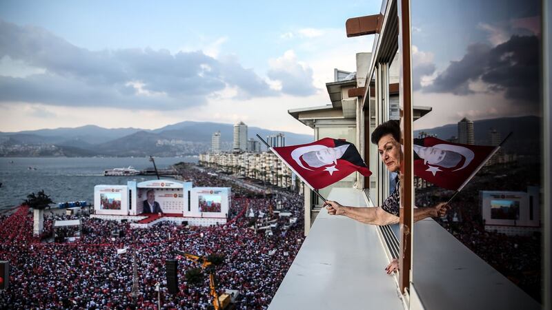 Thousands of supporters gather to listen to Muharrem Ince, the leader and presidential candidate of the Republican People’s Party at a rally in Izmir. Photograph: Emre Tazegul/AFP/Getty
