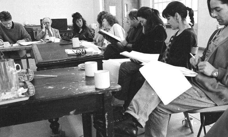 Patrick Mason and Brian Friel at the first rehearsal of Dancing at Lughnasa at the Dance Centre, Digges Lane, Dublin in 1990. Photograph: Frank Miller