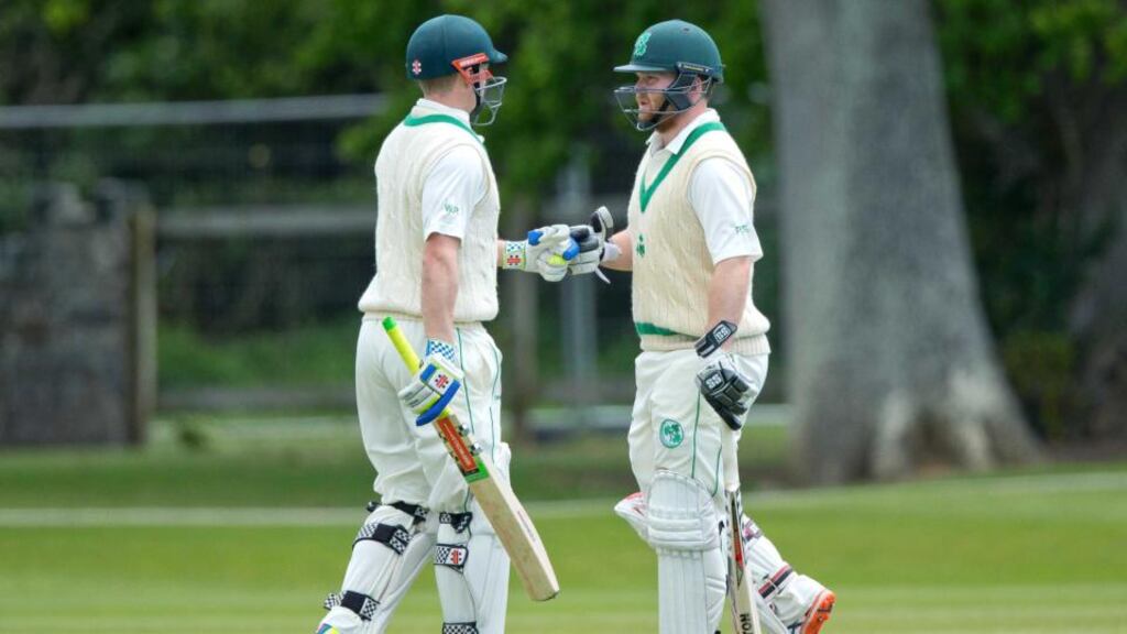 Ireland’s William Porterfield and Paul Stirling congratulate each other in Malahide. Photo: Morgan Treacy/Inpho