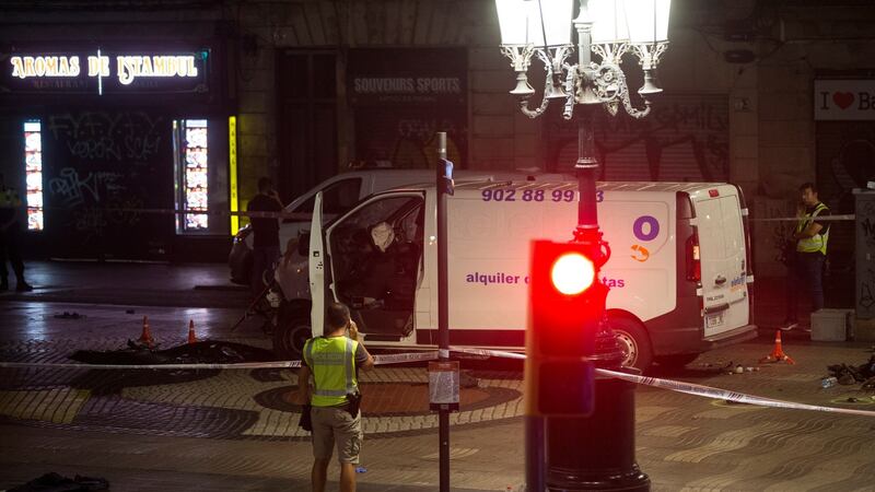 The van used in the attack at the Ramblas in Barcelona in which 13 people died. Photograph: EPA
