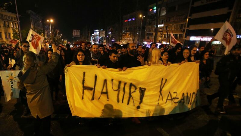 Supporters of ‘’No’’ side take part in a protest as they hold a banner which reads in Turkish “no” in Istanbul. Photograph: Petros Karadjias/AP