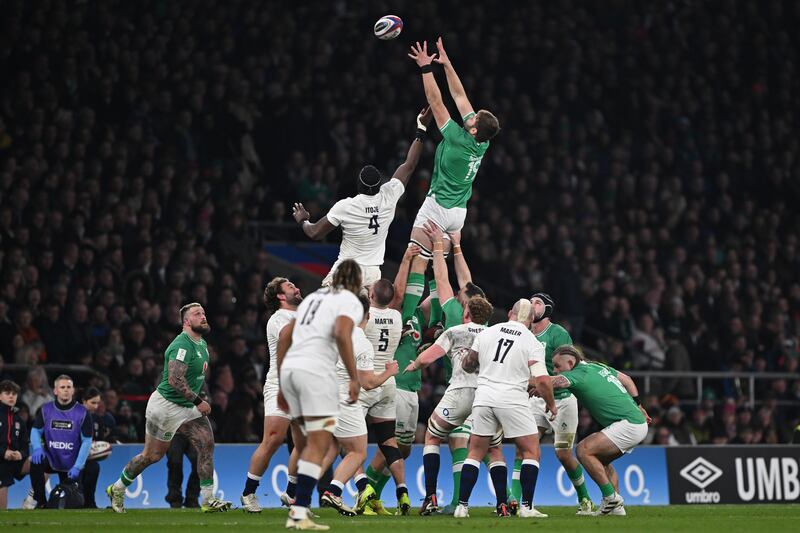 Iain Henderson of Ireland wins a lineout during the Six Nations match between England and Ireland at Twickenham. Photograph: Mike Hewitt/Getty Images