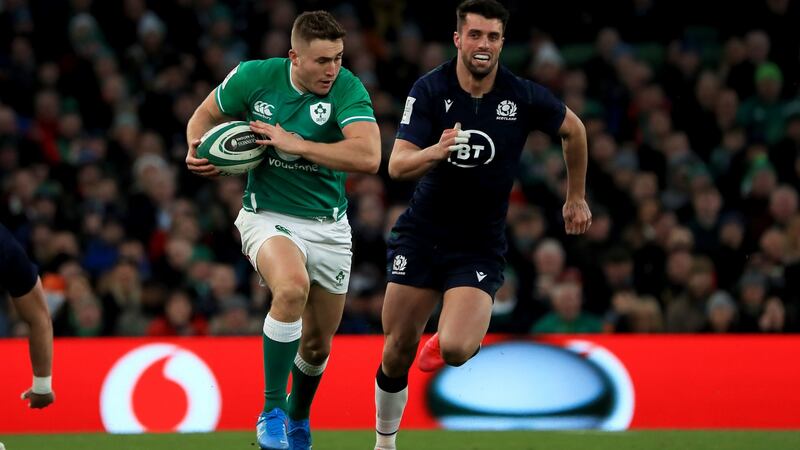 Ireland’s Jordan Larmour with Scotland’s Adam Hastings during their Guinness Six Nations match at the Aviva Stadium, Dublin. Photograph: Donall Farmer/PA Wire