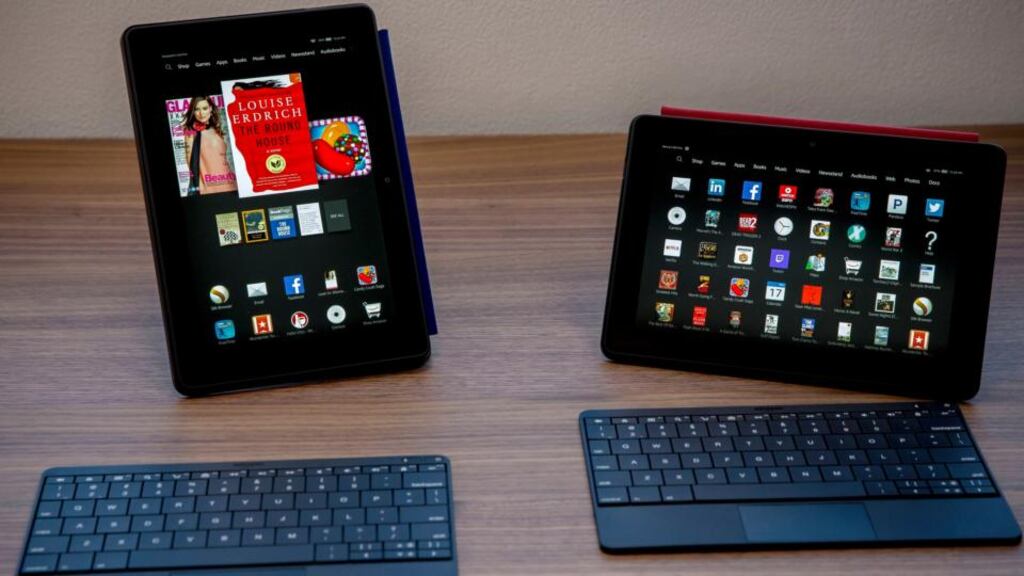 New Amazon Kindle Fire HDX 8.9 Tablets are displayed during a launch event in New York. Photograph: Reuters