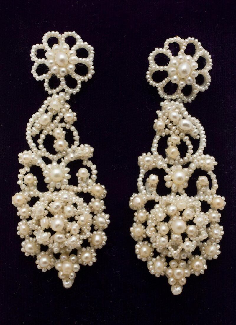 A magnificent pair of early Georgian natural seed pearl chandelier earrings from 1835. POA from Courtville Antiques, Powerscourt, Dublin