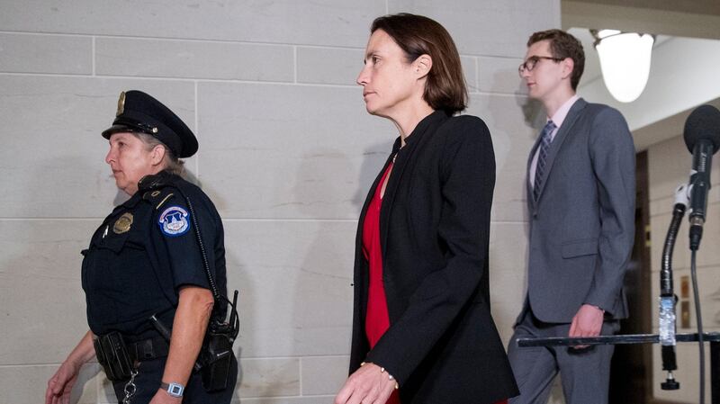 Former White House advisor on Russia, Fiona Hill, arrives on Capitol Hill to testify before congressional lawmakers as part of the House impeachment inquiry into president Donald Trump. Photograph: Andrew Harnik/AP Photo