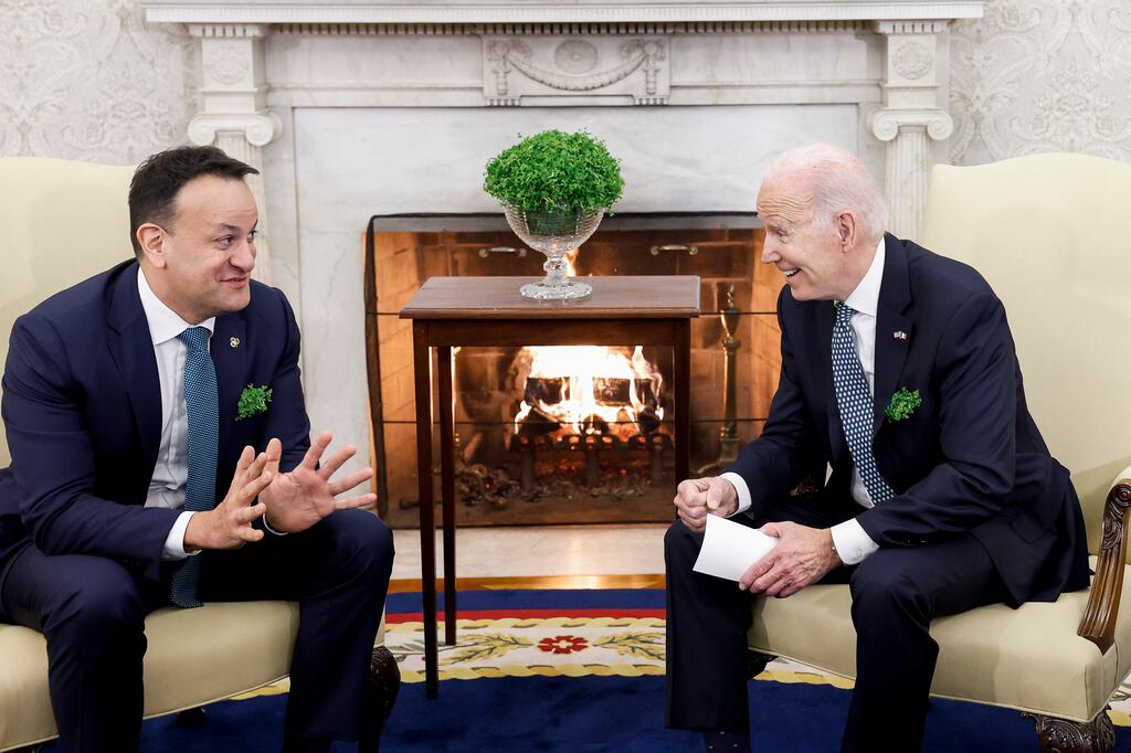 Taoiseach Leo Varadkar and US president Joe Biden in the White House's Oval Office on St Patrick's Day: Mr Varadkar wanted to thank Mr Biden for his role in supporting Ireland in the aftermath of Brexit and for his continued backing of the Belfast Agreement. Photograph: Anna Moneymaker/Getty