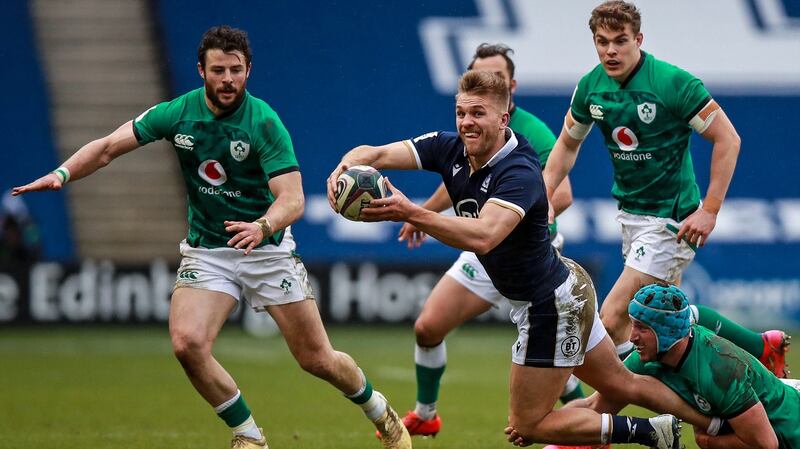 Will Connors tackles Chris Harris at Murrayfield. Photograph:Tommy Dickson/Inopho