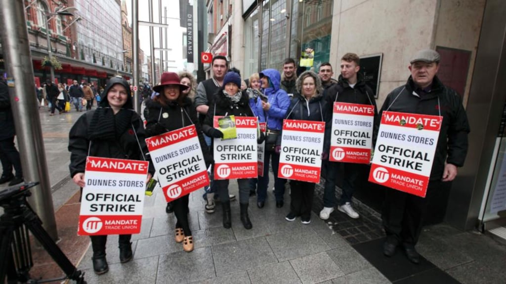 Dunnes Stores workers picketing outside Dunnes, Henry Street, Dublin. Photograph: Stephen Collins/Collins Photos