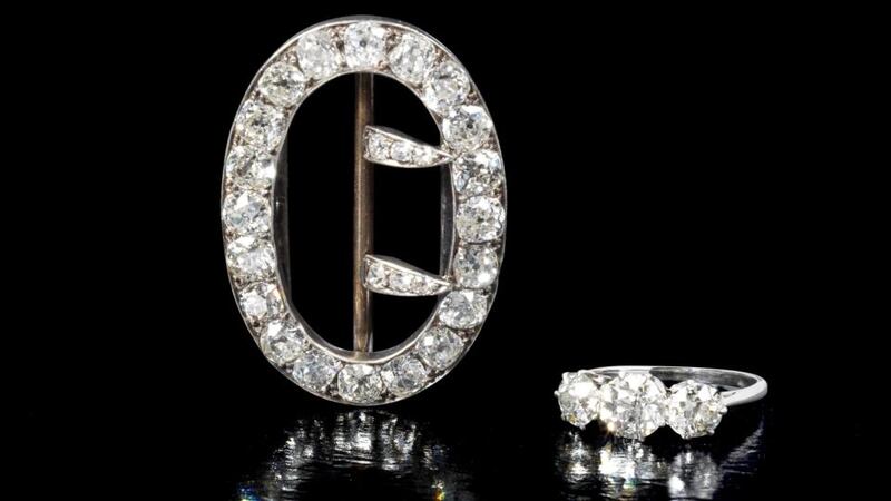 Found in a trunk: Agatha Christie’s 19th-century diamond brooch (€7,500-€10,000) and the diamond three-stone ring (€3,750-€6,200).