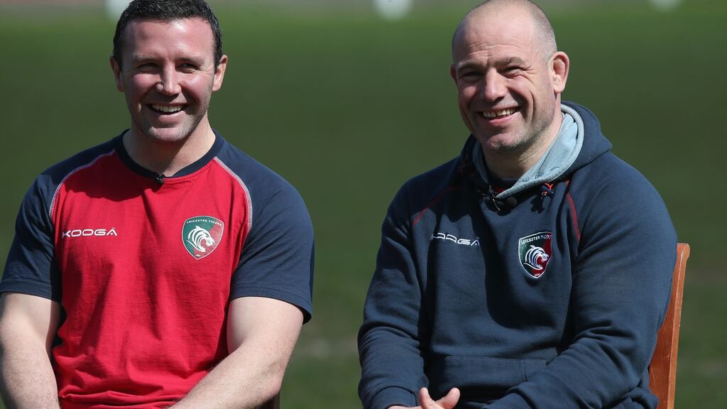Richard Cockerill, the Leicester Tigers director of rugby faces the media with head coach Aaron Mauger at the Oadby Oval training ground. Photograph: David Rogers/Getty Images