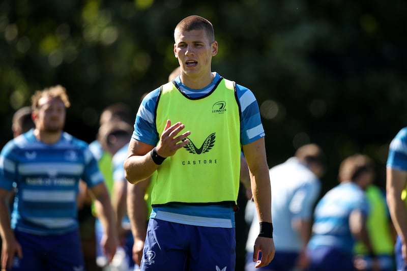 Sam Prendergast at Leinster Rugby Squad training in UCD, Dublin on Monday. Photograph: Ben Brady/Inpho