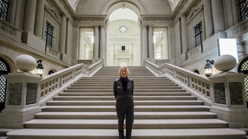 The general director of the Berlin State Library, Barbara Schneider-Kempf on the stairs of the entrance hall. Photograph: Clemens Bilan/EPA
