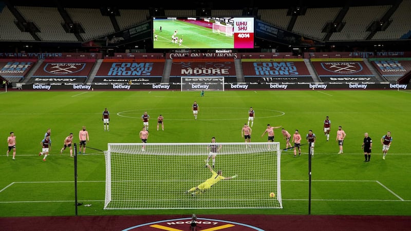 West Ham United’s Declan Rice scores from the penalty spot during the Premier League game against Sheffield United at the London stadium. Photograph: John Sibley/AFP via Getty Images