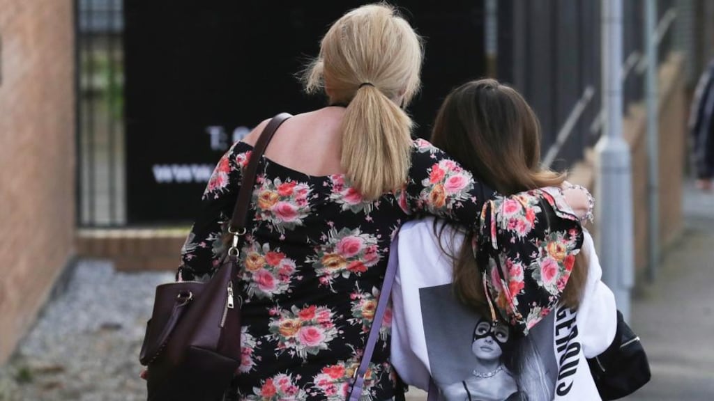 Ariana Grande concert attendees leave the Park Inn where they were given refuge after last night’s explosion at the Manchester Arena. Photograph: Christopher Furlong/Getty Images