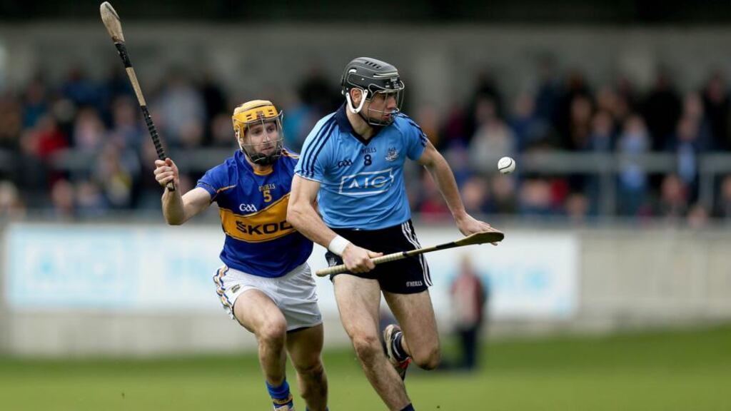 Dublin’s Danny Sutcliffe gets ahead of Tipperary’s Kieran Bergin during the Allianz Hurling League Dviaison One A clash at Parnell Park. Photograph: Donall Farmer/Inpho