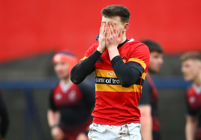 Matthew Bowen in his CBC is dejected when the referee confirms Glenstal Abbey's win in the 2018 Munster Schools Senior Cup final. Photograph: Ken Sutton/Inpho