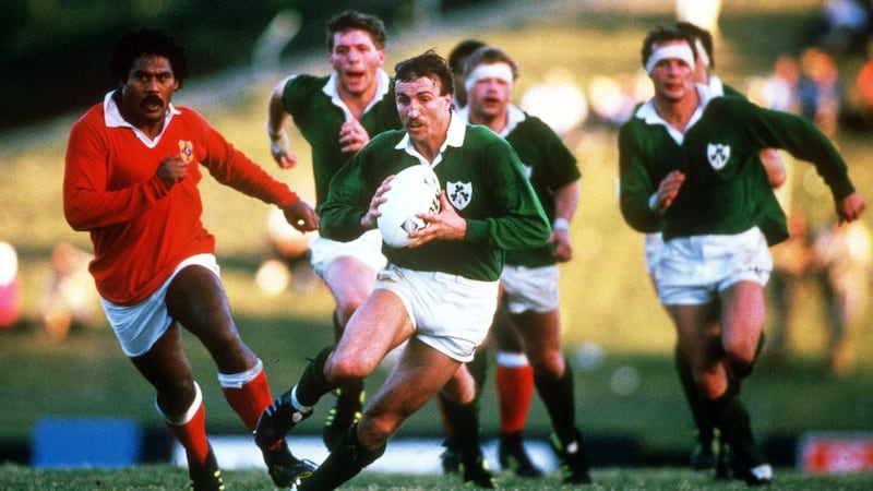 David Irwin in action for Ireland against Tonga in the 1987 World Cup. Irwin dragged Nigel Carr from the car wreckage following the bomb. Photograph: Billy Stickland/Inpho