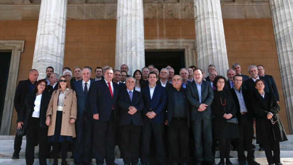 ‘Other governments will recognise the imperative to fulfil a democratic mandate. They may also understand Tsipras’s argument that the alternative to dealing with radical left governments is to deal with far right ones.’ above, Greek Prime Minister Alexis Tsipras (front row centre) and members of his government after the first meeting of the new cabinet in the parliament building in Athens. Photograph: REUTERS/Alkis Konstantinidis