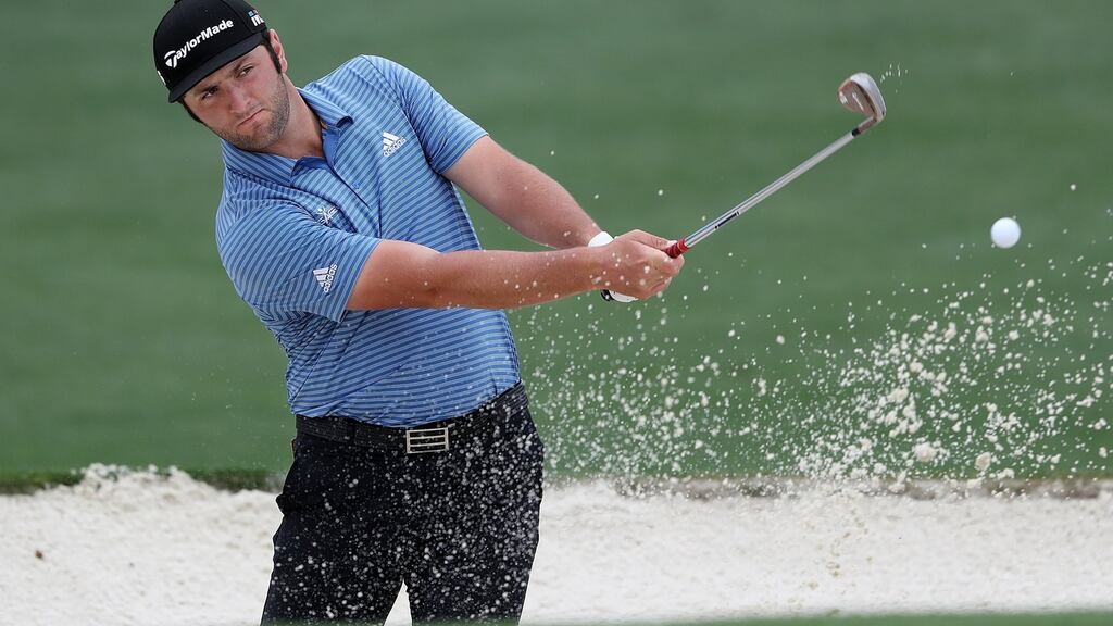 Jon Rahm of Spain hitting out of a bunker during the final practice round at Augusta National Golf Club. Photograph: EPA/Andrew Gombert