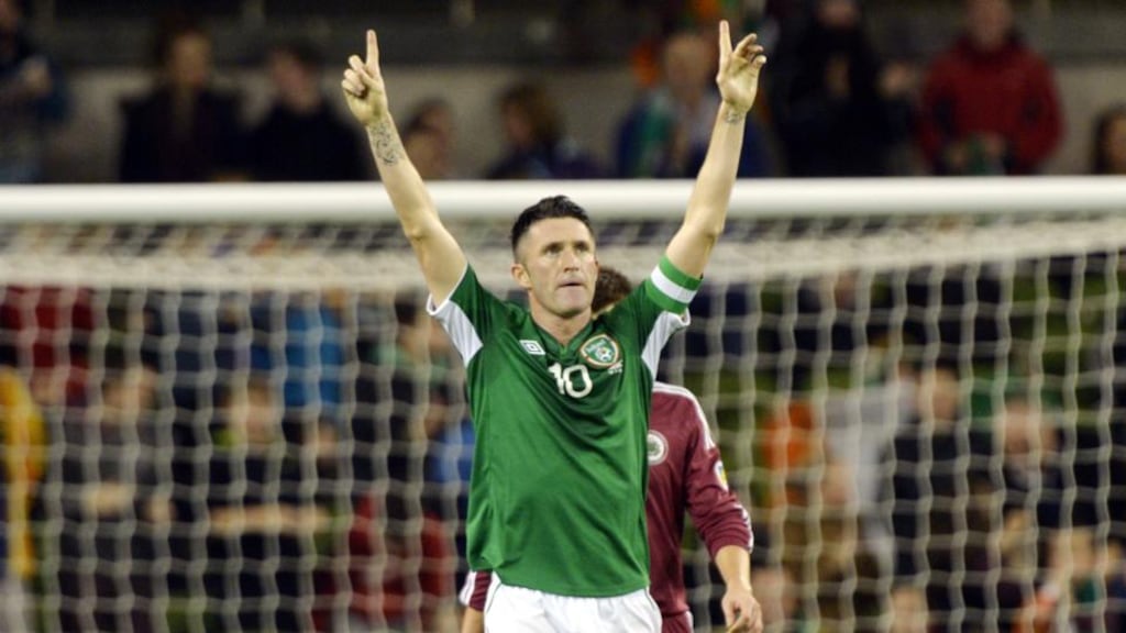 Republic of Ireland captain Robbie Keane celebrates his goal against Latvia in the friendly international at the Aviva stadium. Photograph: Alan Betson