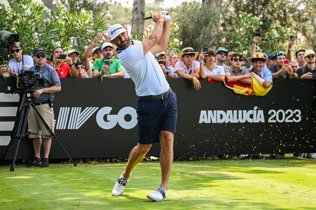 Dustin Johnson tees off at a LIV Golf tournament in Spain last week. Photograph: Octavio Passos/Getty Images