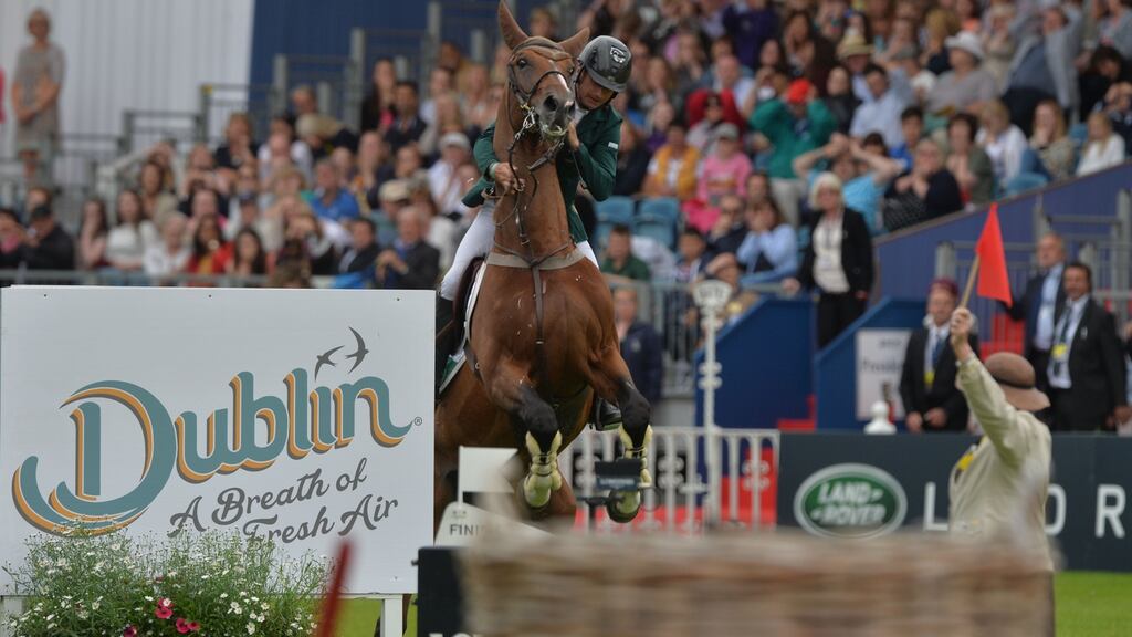 Denis Lynch on All Star 5 as the horse refuses the final fence in the jump-off against Italy, who went on to win the Aga Khan Trophy at the Dublin Horse Show in the RDS yesterday. Photograph: Alan Betson