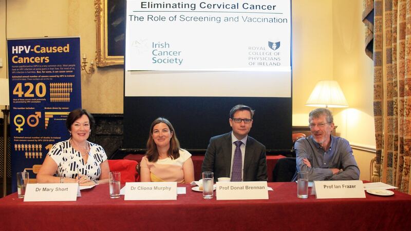 Dr Mary Short, Dr Cliona Murphy, Prof Ian Brennan and Prof Ian Frazer at the Irish Cancer Society conference on HPV. Photograph: Garrett White/ Collins Photo Agency