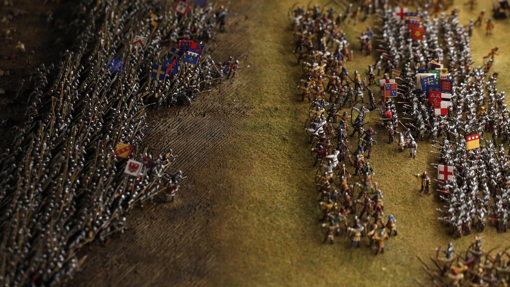 A close-up of miniature figures taking part in the Battle of Agincourt, containing over 40,000 scale model figures on a detailed diorama of the battlefield, part of a new exhibition at the Tower of London which runs until January 31st, 2016. Photograph: Dan Kitwood/Getty Images