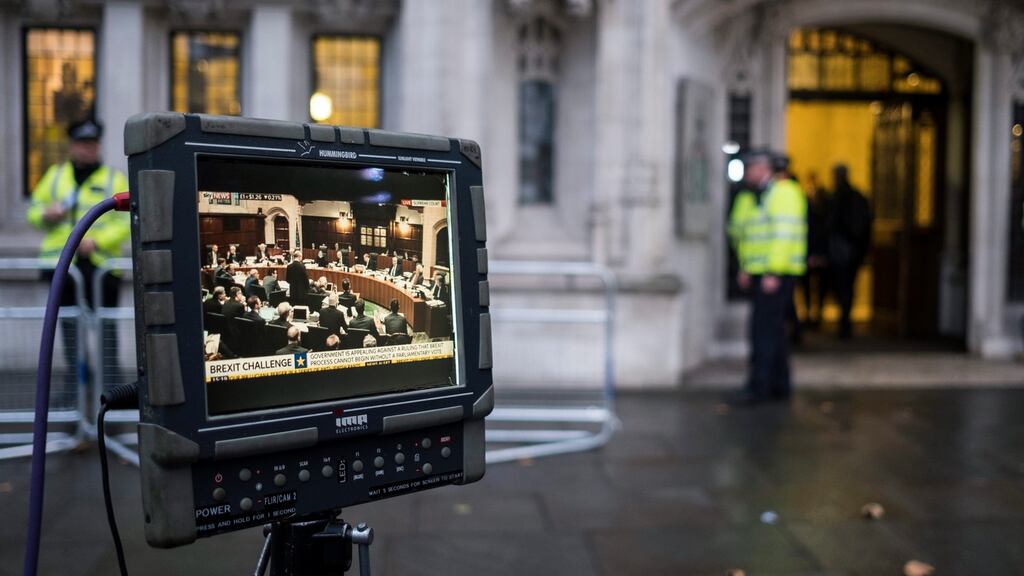 A video feed from inside the supreme court in London. The court is to decide whether Theresa May’s government can trigger article 50 and start the Brexit process without a parliamentary vote. Photograph: Will Oliver/EPA