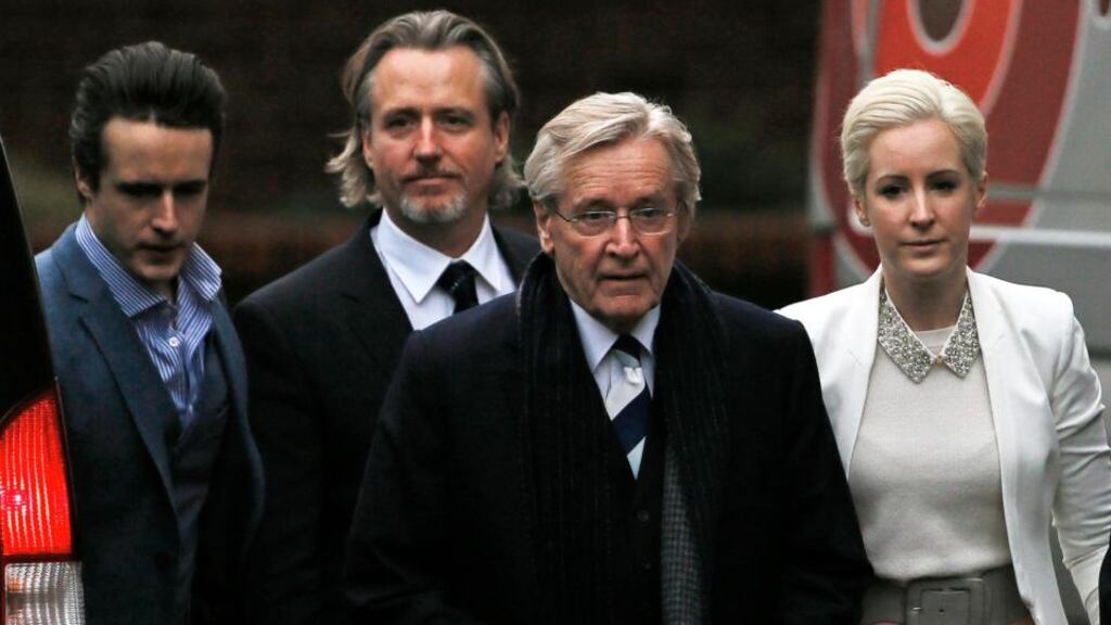 British actor William Roache (second right), who plays the character of Ken Barlow in the soap opera Coronation Street, arrives with his sons James (left) and Linus (second left), and daughter Verity at Preston Crown Court in Preston. Photograph: Phil Noble/Reuters