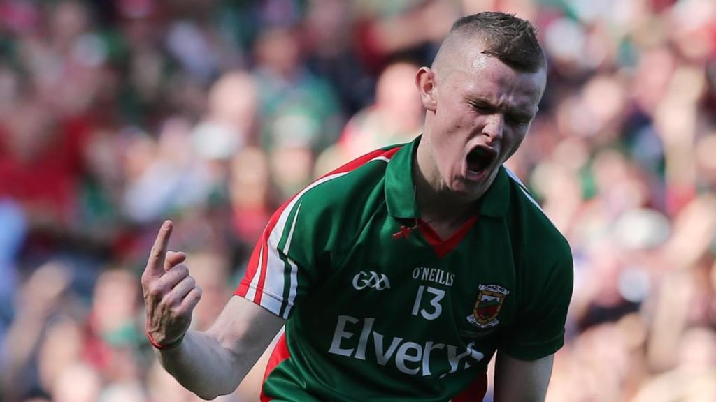 Mayo’s Darragh Doherty celebrates scoring a goal against Tyrone in the All-Ireland minor football final. Photograph: Lorraine O’Sullivan/Inpho