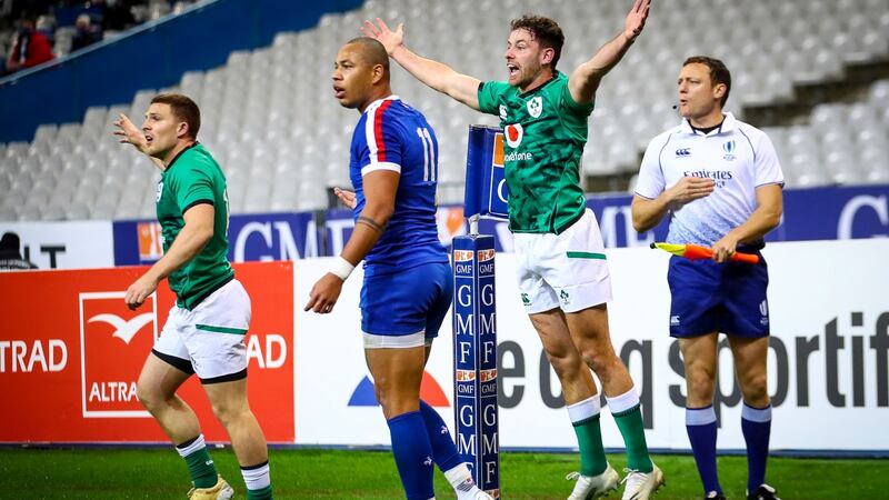 Hugo Keenan reacts after Anthony Bouthier had deliberately handled the ball out of play during France’s win over Ireland. Photograph: James Crombie/Inpho