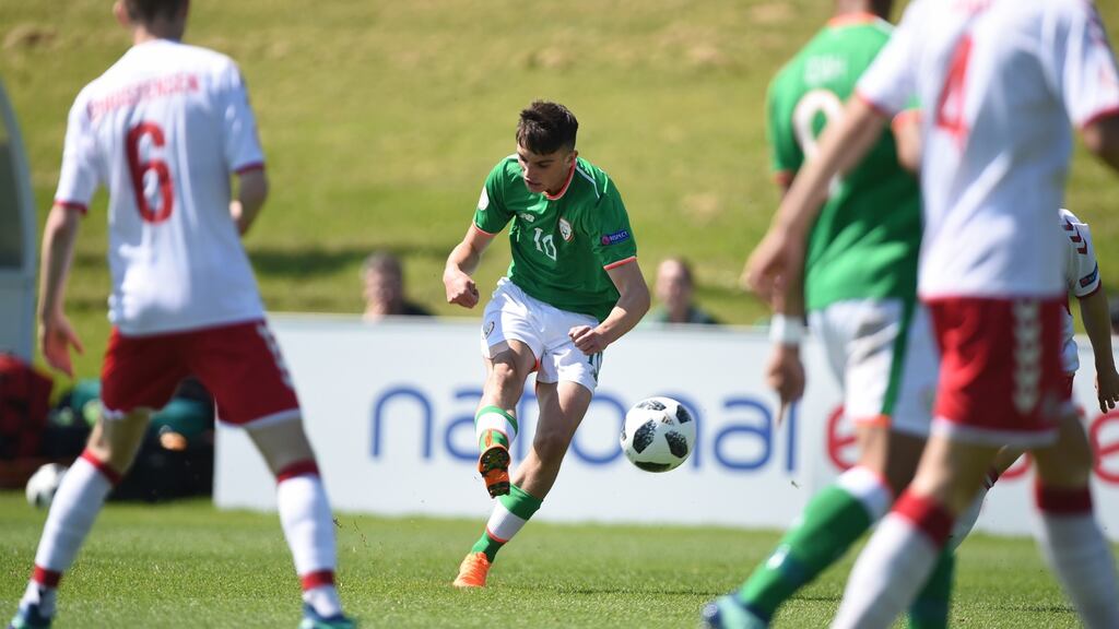 Troy Parrott scores Ireland’s early winner against Denmark. Photograph: Nathan Stirk/Getty