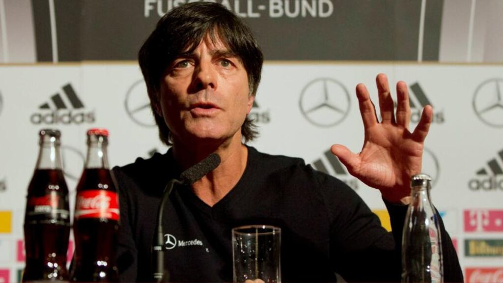 Germany coach Joachim Löw speaks during a news conference in London. Photograph: Neil Hall/Reuters