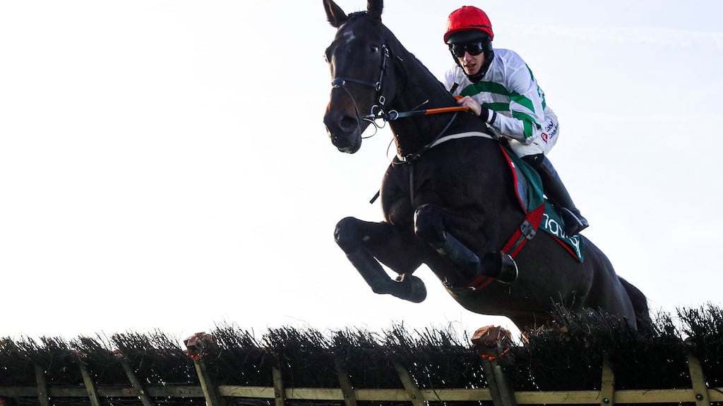 Ginto, ridden by Jack Kennedy, jumping a fence on the  way to winning the Kilberry Pub & Kitchen Maiden Hurdle at Navan. Kennedy would later suffer a suspected broken arm. Photograph: Brian Lawless/PA Wire.