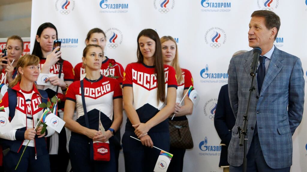 Russian Olympic Committee chief Alexander Zhukov addresses Russia’s Olympic team members during a farewell ceremony before the national team’s departure for the 2016 Rio Olympics. Photo: Sergei Karpukhin/Reuters