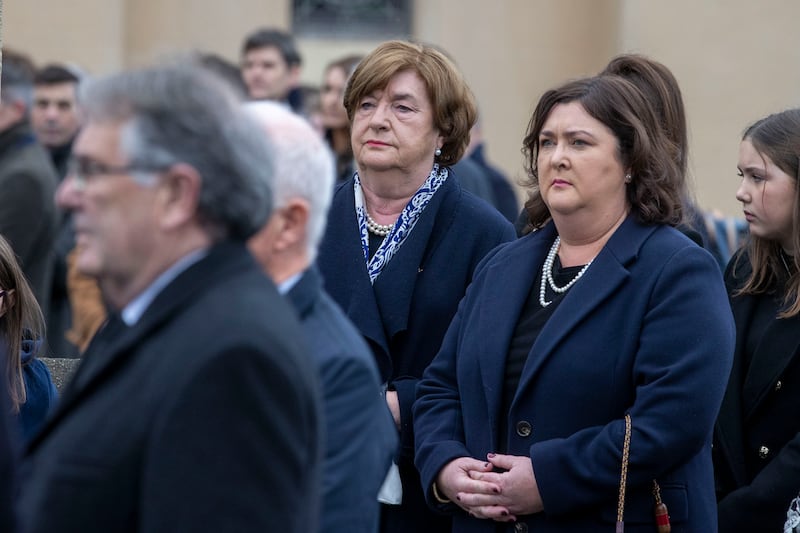 The wife of the late Mr Justice John Murray, Gabrielle (centre) and daughter Caitriona, at his funeral at the Holy Rosary Catholic Church. Photograph: Tom Honan