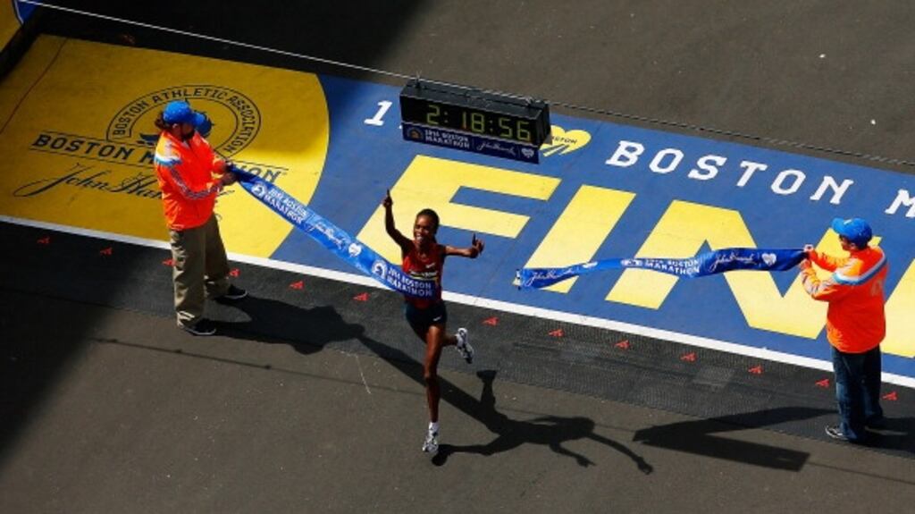 Rita Jeptoo of Kenya crosses the finish line in the 2014 Boston marathon. She has been disqualified form the race after CAS doubled her two-year doping ban. Photograph: Getty