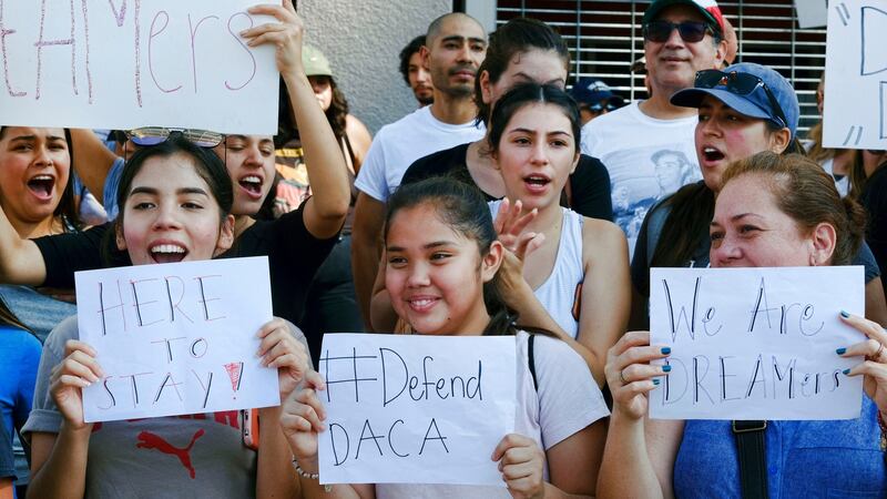 Supporters of the Deferred Action for Childhood Arrivals, or Daca, at a Labor Day rally in downtown Los Angeles on Monday. Photograph: Richard Vogel/AP