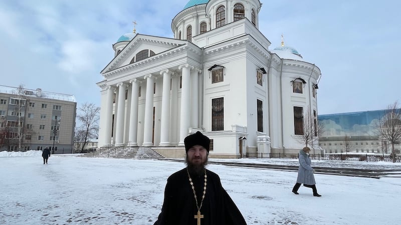 Russian Orthodox priest Fr Kharalampii outside the Cathedral of the Our Lady of Kazan Icon, which was consecrated in July in the city of Kazan. Photograph: Daniel McLaughlin