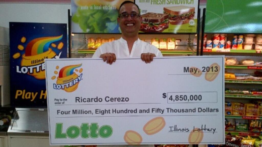 Mr Cerezo was presented on Wednesday with a cheque for $4,850,000 at the 7-Eleven where he originally purchased the ticket. After taxes, Mr Cerezo will receive $3,395,000. Photograph: Illinois State Lottery.