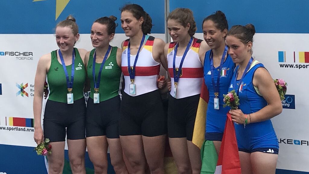 Margaret Cremen and Aoife Casey (L) took silver at the European Rowing Junior Championships in Krefeld in Germany.