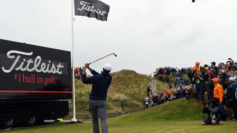 Jordan Spieth  takes a shot from the practice ground to the right of the 13th fairway during his final round at the British Open at Royal Birkdale. Photograph: Andy Rain/EPA