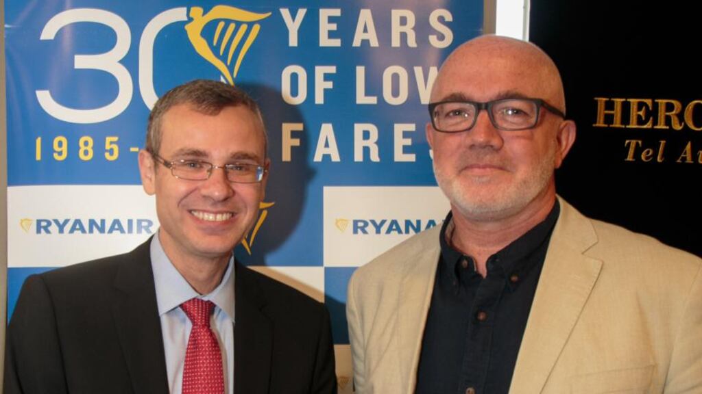 Pictured in Tel Aviv, as Ryanair launched its first Israeli flights, are the airline’s chief commercial officer David O’Brien and Israeli minister of tourism Yariv Levin