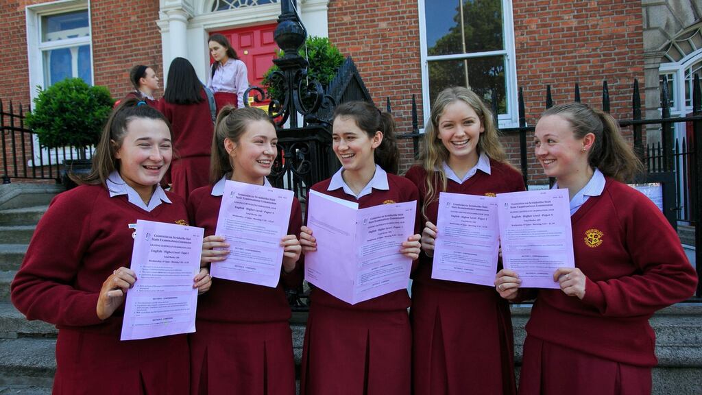 Loreto On The Green, Dublin,  students Ruth Redmond, Ashbourne; Amber McCann, Rush; Jane Loughrey, Ranelagh; Eavan O’Toole, Rathgar and  Sophie Dolan, Rathgar, following their Leaving Cert English exam. Photograph: Gareth Chaney/Collins