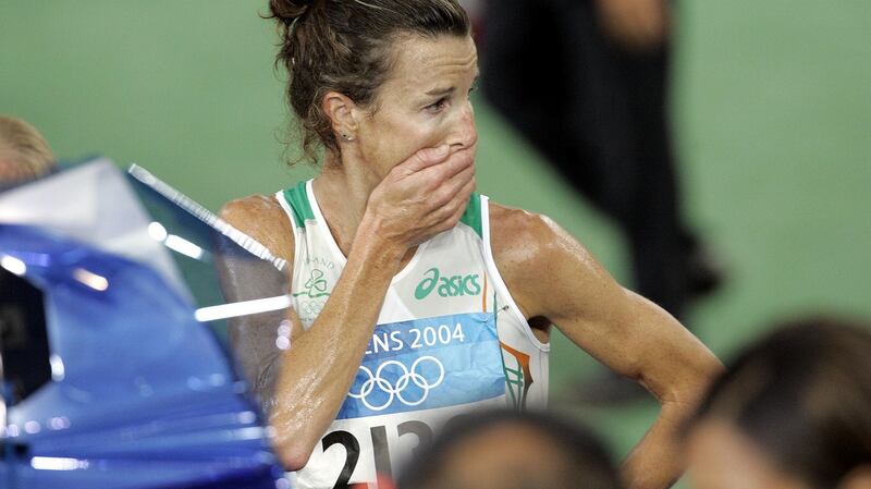 A dejected Sonia O’Sullivan after finishing last in the Women’s 5000 metres at the 2004 Olympics. Photo: Patrick Bolger/Inpho