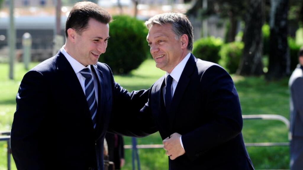 Then Macedonian prime minister Nikola Gruevski (left) with his Hungarian counterpart Viktor Orban in Skopje in 2011. Photograph: Ognen Teofilovski/Reuters