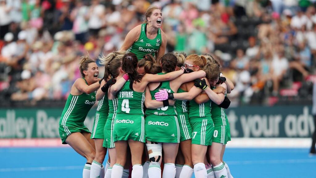 Ireland captain Kathryn Mullan celebrates their victory over India with her team-mates in the 2018 Hockey World Cup. Photograph: Christopher Lee/Getty Images