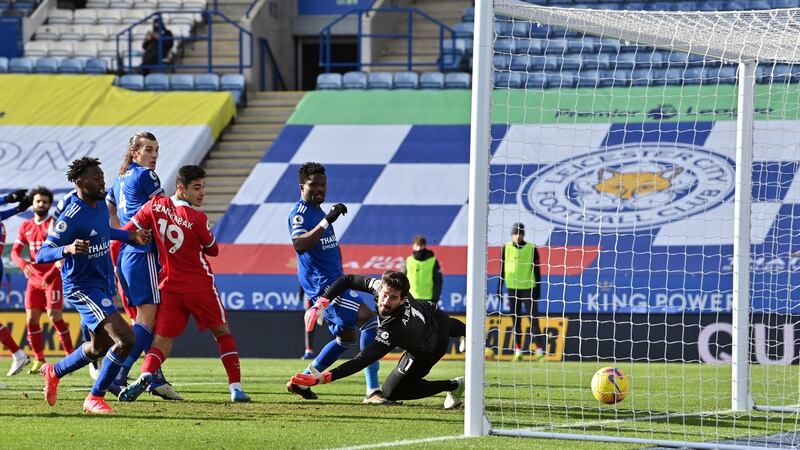 James Maddison scores Leicester’s first. Photo: Paul Ellis/PA Wire